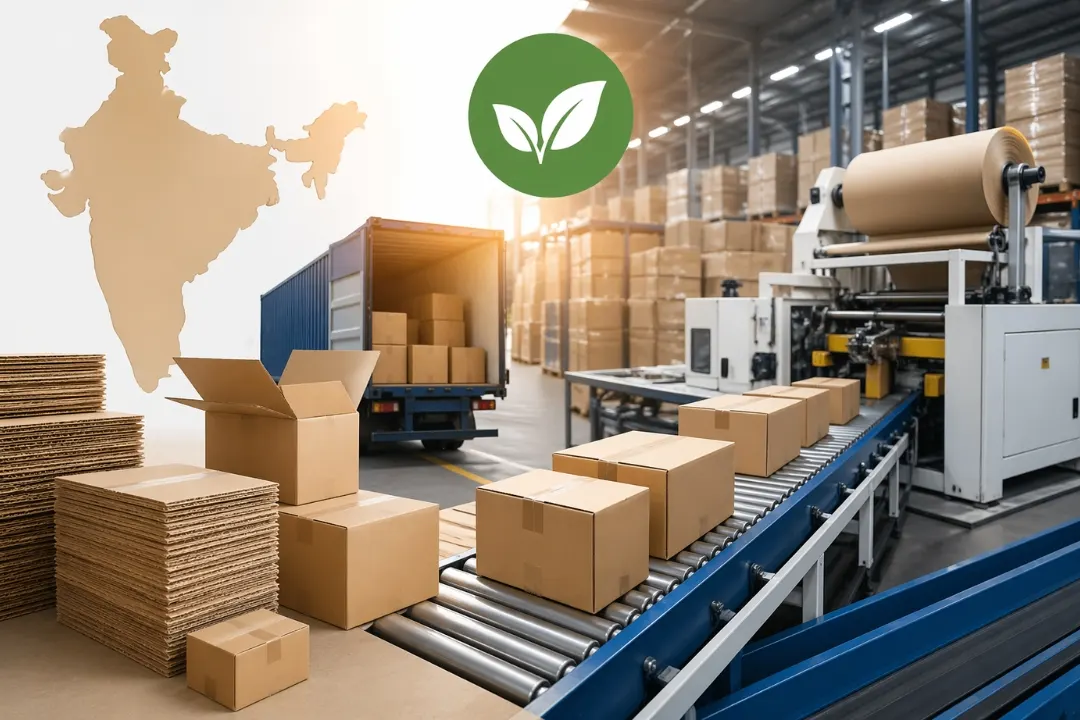 Corrugated packaging market in India warehouse with conveyor belt, cardboard boxes, and automated packaging machinery