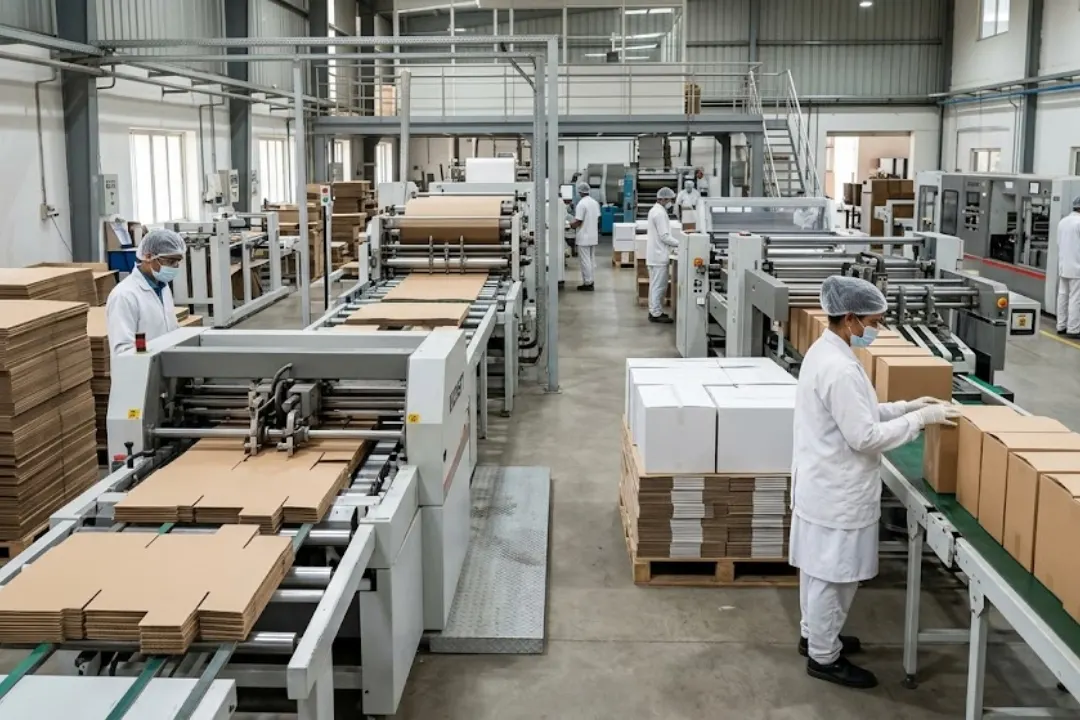 Food packaging boxes in India production line with paperboard cartons and packaging machines in a hygienic factory