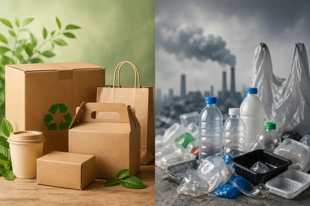 Paper packaging vs plastic packaging comparison showing eco-friendly paper boxes and polluting plastic waste in India