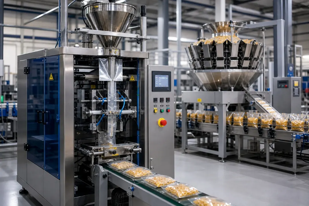 Automatic Packing Machine in operation with VFFS system and conveyor-based packaging line in a modern industrial setup