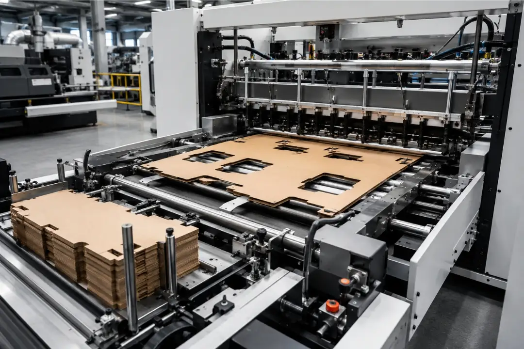 Carton strapping machine processing die-cut corrugated sheets in an automated packaging production facility