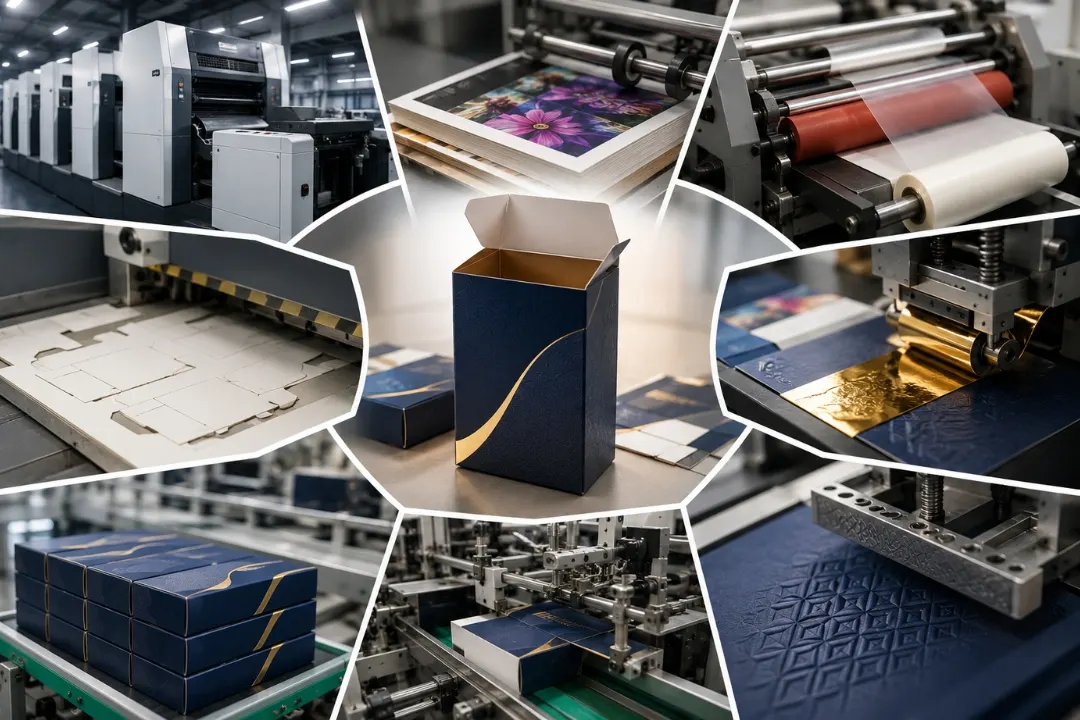 What is post-press in printing shown through packaging finishing processes including die cutting, lamination, foil stamping, embossing, and folder gluing machines.